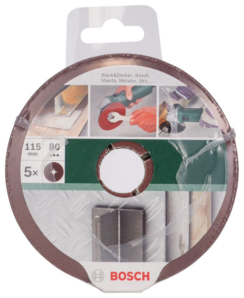 Conjunto Bosch de 5 discos de lixa de fibra para rebarbadora, coríndon D = 115 mm; G = 80, 5 unidades.