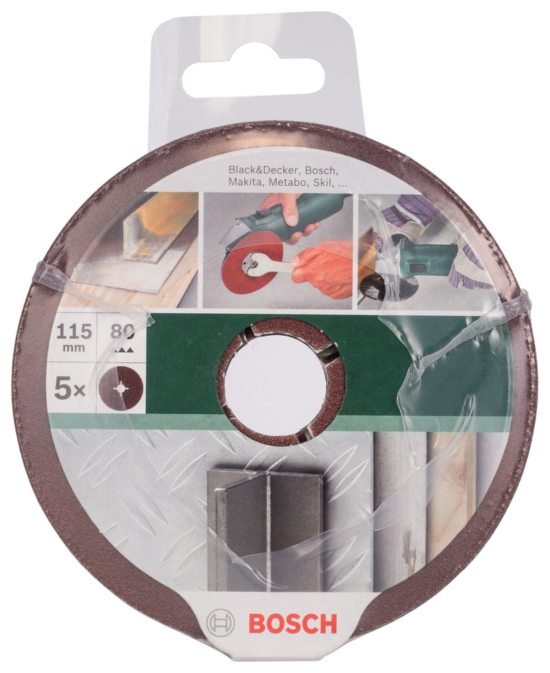 Conjunto Bosch de 5 discos de lixa de fibra para rebarbadora, coríndon D = 115 mm; G = 80, 5 unidades.
