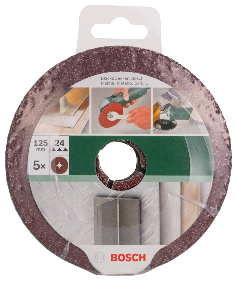Conjunto Bosch de 5 discos de lixa de fibra para rebarbadora, coríndon D= 125 mm; K= 24; 5 unidades.