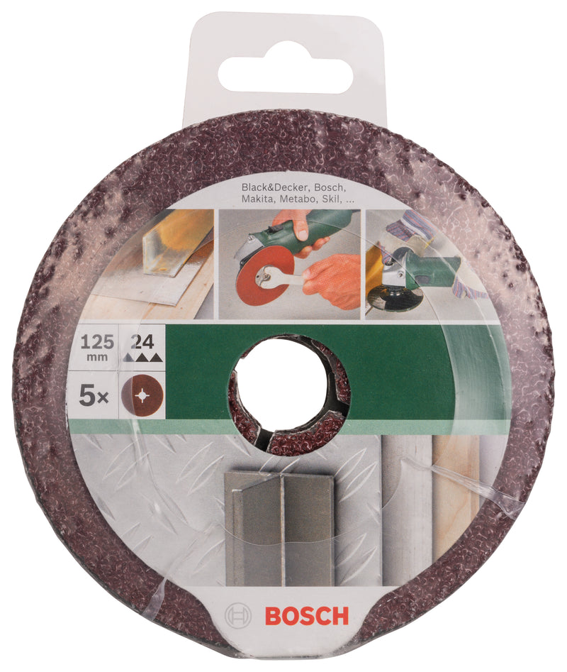 Conjunto Bosch de 5 discos de lixa de fibra para rebarbadora, coríndon D= 125 mm; K= 24; 5 unidades.