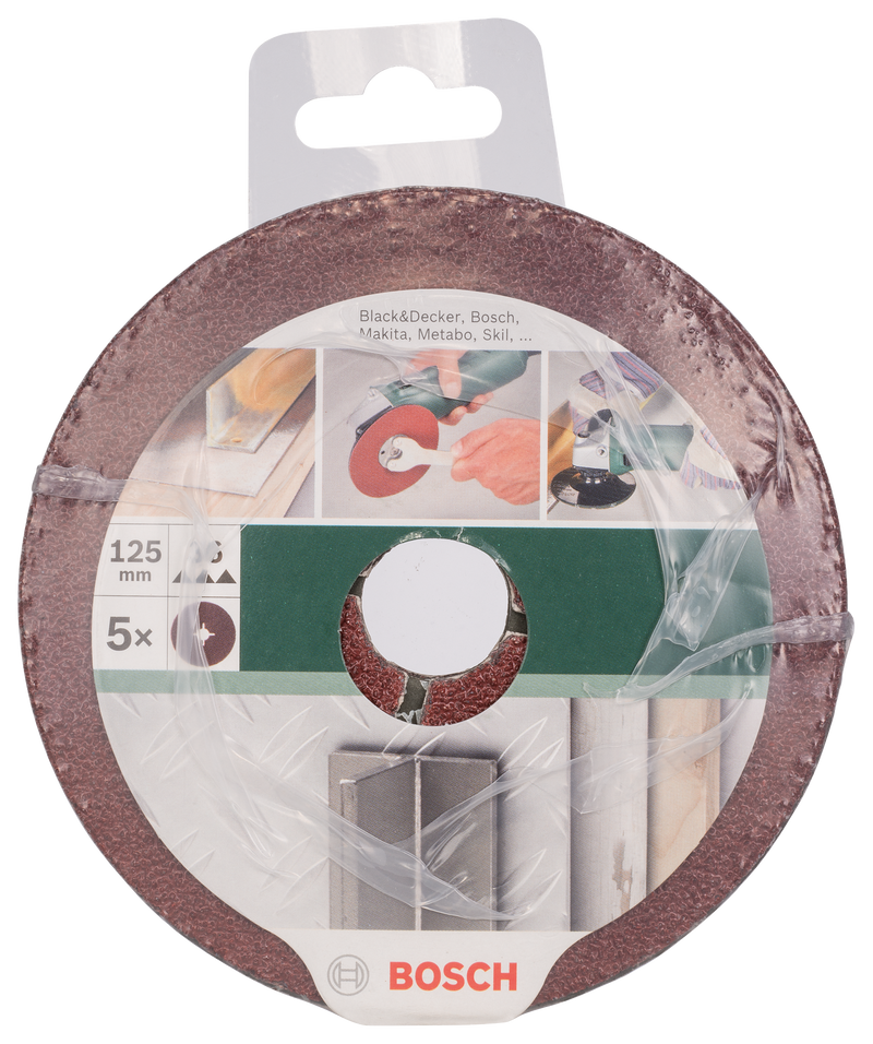 Conjunto Bosch de 5 discos de lixa de fibra para rebarbadora, coríndon D= 125 mm; K= 36; 5 unidades.