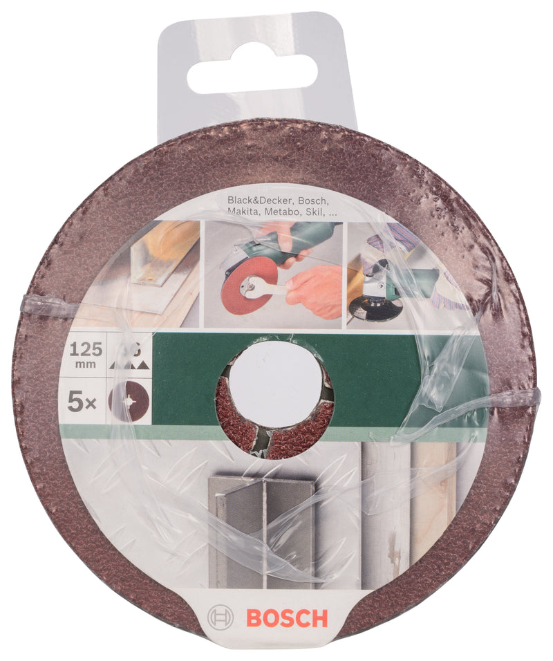 Conjunto Bosch de 5 discos de lixa de fibra para rebarbadora, coríndon D= 125 mm; K= 36; 5 unidades.