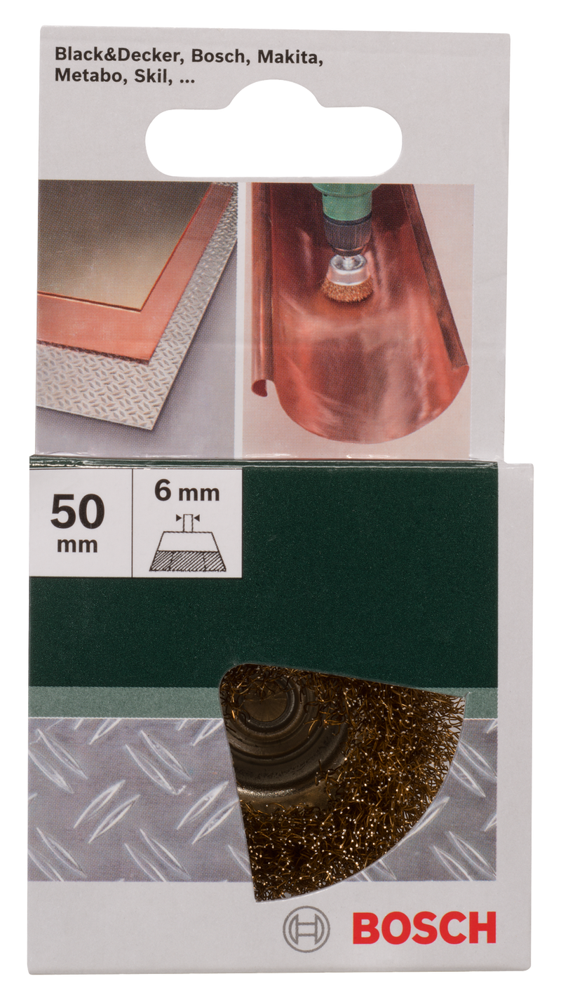 Escova tipo copo Bosch para berbequins - fio ondulado, revestido a latão, 50 mm