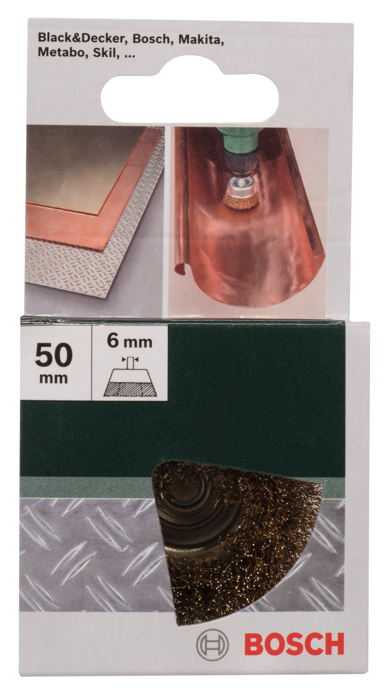 Escova tipo copo Bosch para berbequins - fio ondulado, revestido a latão, 50 mm