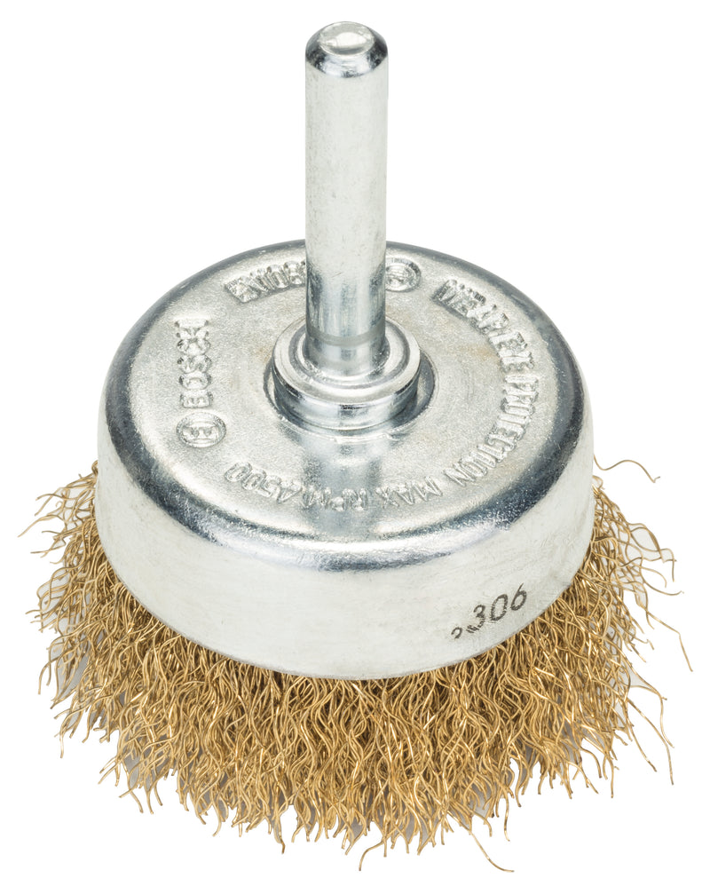 Escova tipo copo Bosch para berbequins - fio ondulado, revestido a latão, 50 mm