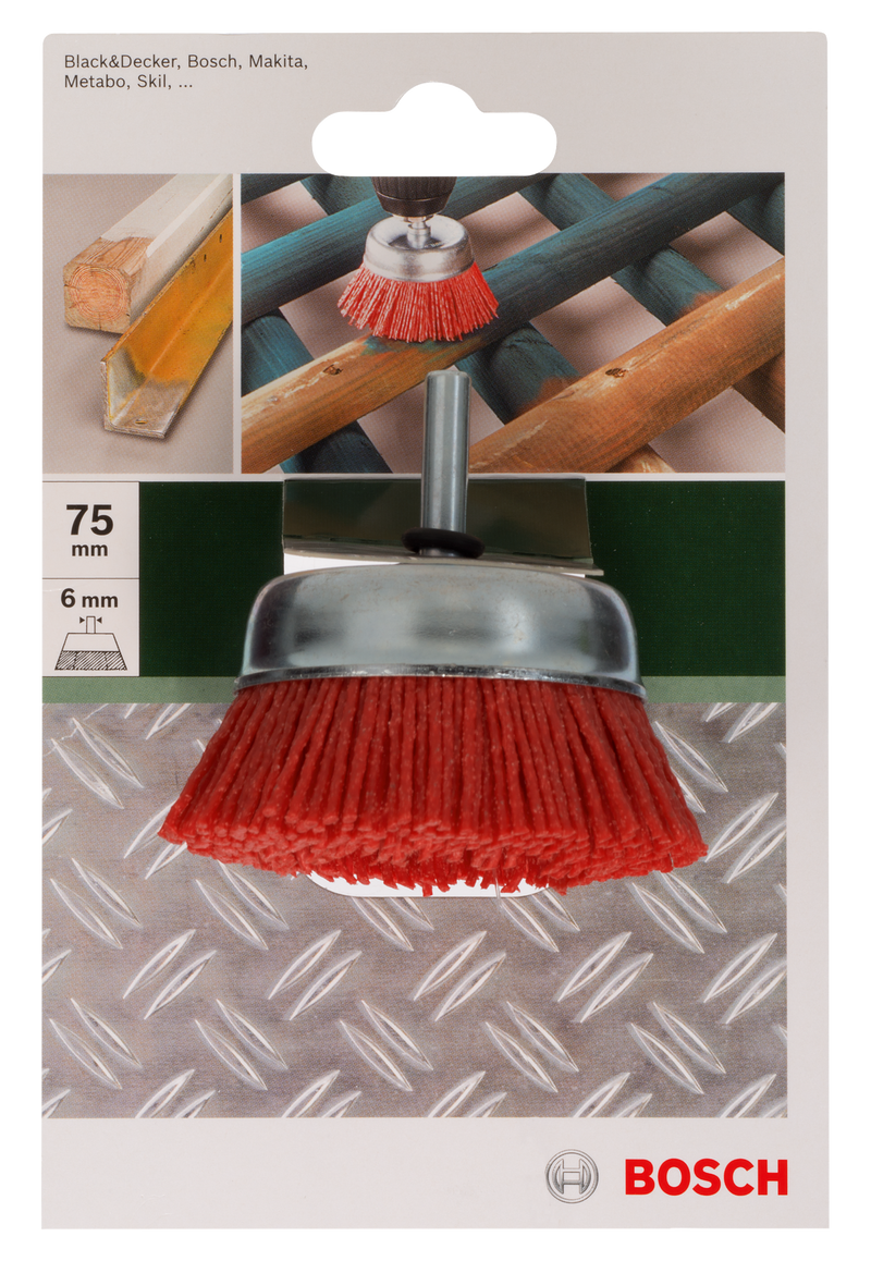 Escovas tipo copo Bosch para berbequins - fio de nylon com corindo abrasivo K80, 75 mm