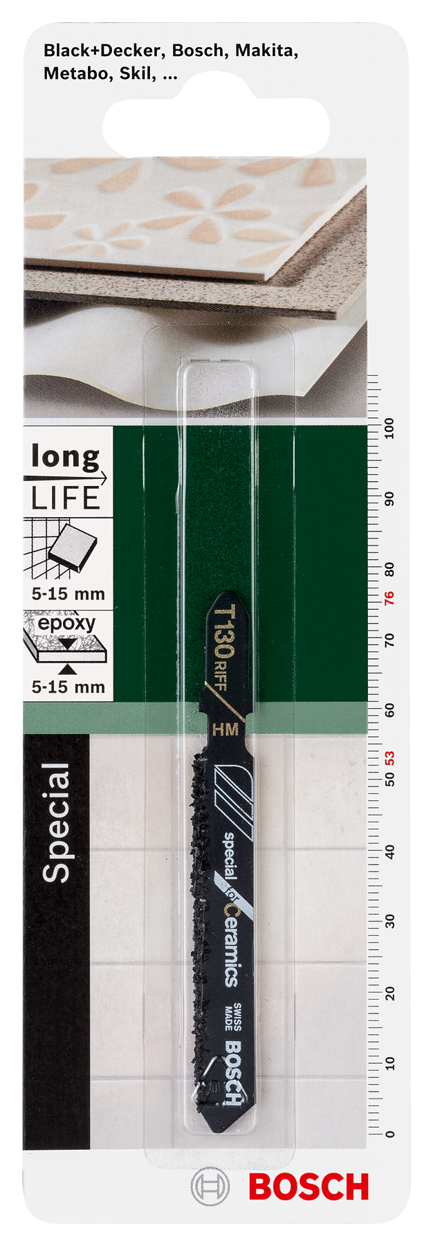 Lâmina de serra tico-tico Bosch Carbide, T 130 Grained RiffSpecial para cerâmica