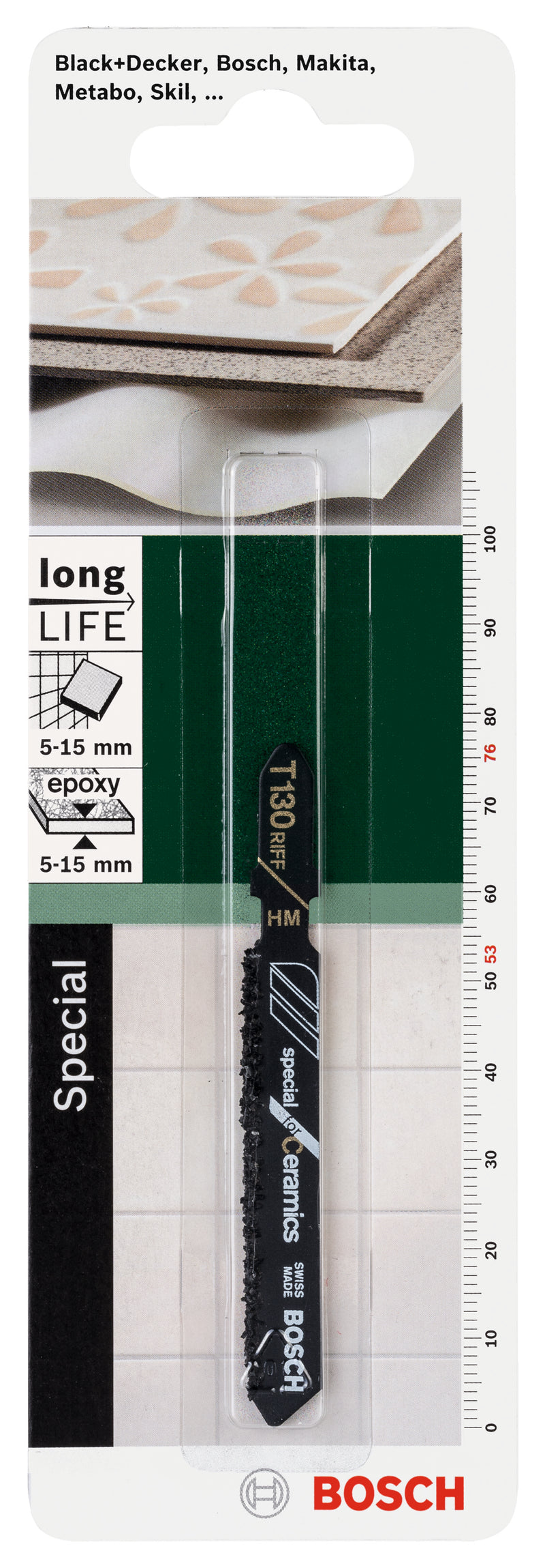 Lâmina de serra tico-tico Bosch Carbide, T 130 Grained RiffSpecial para cerâmica