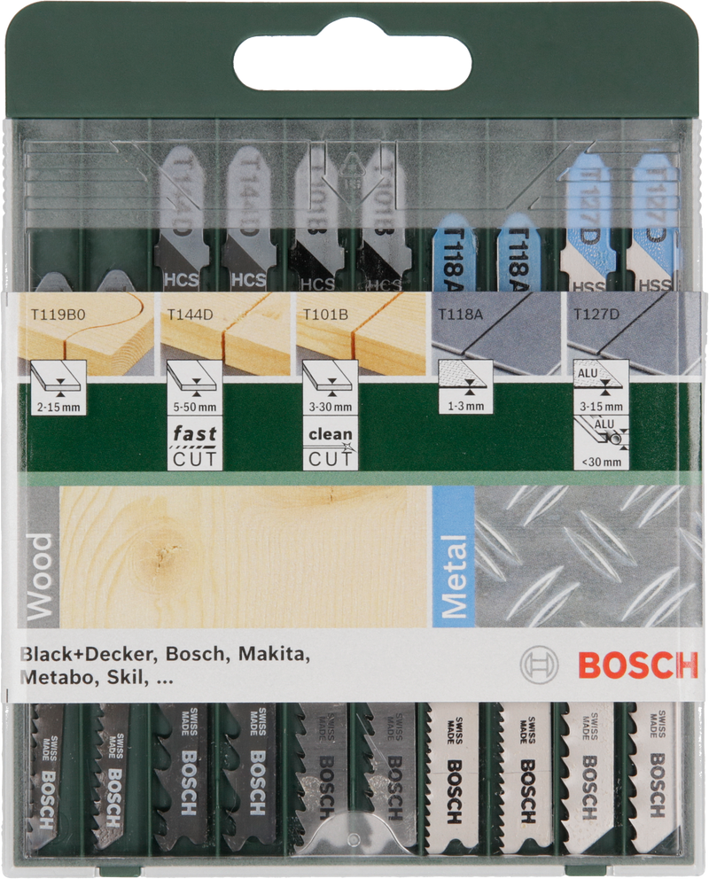 Juego de 10 hojas de sierra de calar Bosch con vástago TT 101 B (2 unidades); T 144 D (2 unidades); T 119 BO (2 unidades); T 118 A (2 unidades); T 127 D (2 unidades)