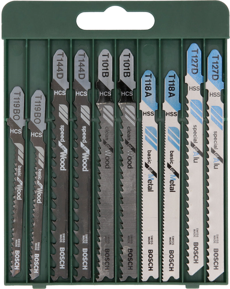 Juego de 10 hojas de sierra de calar Bosch con vástago TT 101 B (2 unidades); T 144 D (2 unidades); T 119 BO (2 unidades); T 118 A (2 unidades); T 127 D (2 unidades)