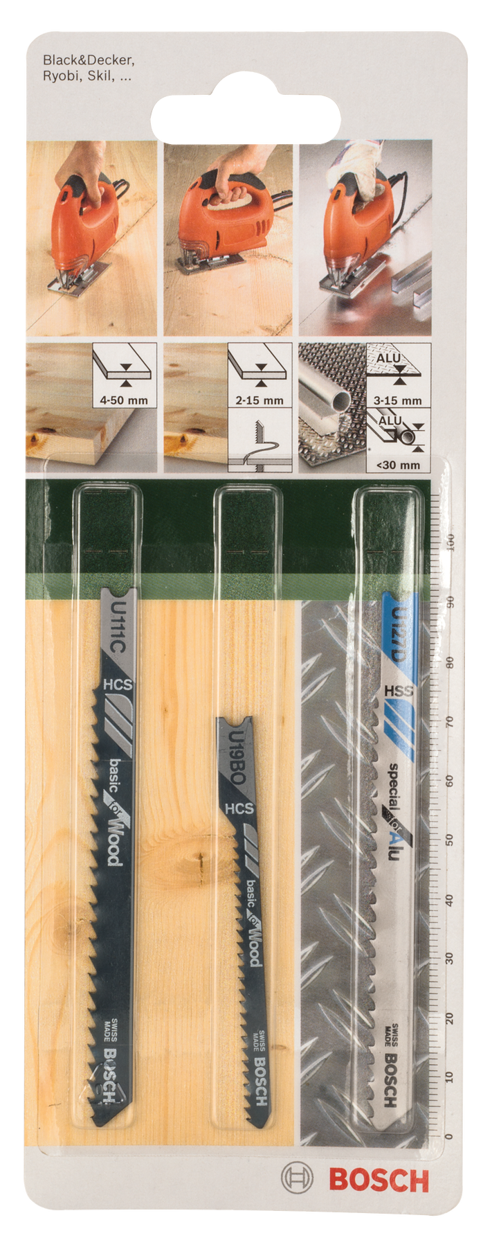 Conjunto de 3 lâminas de serra tico-tico Bosch com haste UU 111 C; U 19 BO; U 127 D