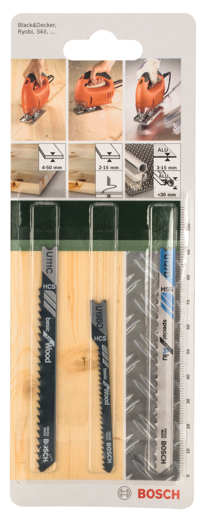 Conjunto de 3 lâminas de serra tico-tico Bosch com haste UU 111 C; U 19 BO; U 127 D