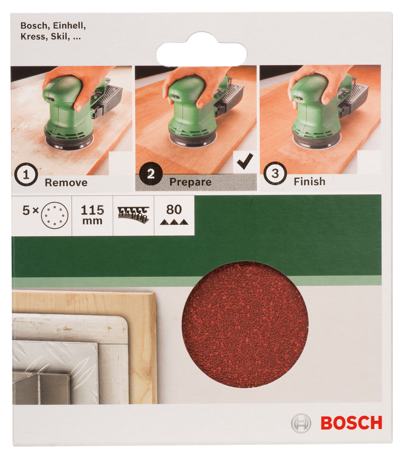 Bosch Juego de 5 hojas de lija para lijadora orbital aleatoria G= 80