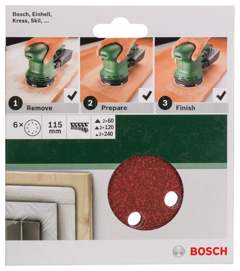 Conjunto de 6 folhas de lixa Bosch para lixadora orbital excêntrica 115 mm