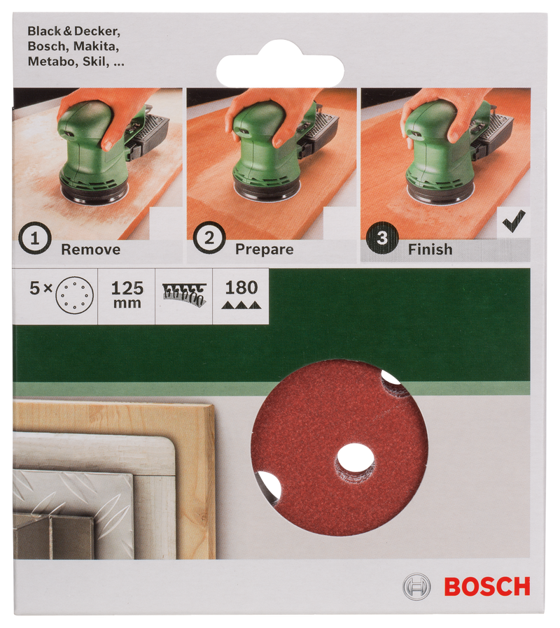 Bosch Set of 5 sandpaper sheets for random orbital sander G= 180
