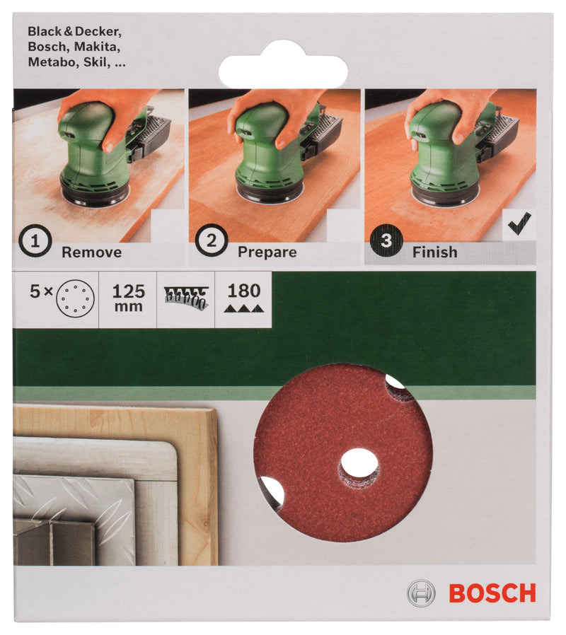 Bosch Set of 5 sandpaper sheets for random orbital sander G= 180