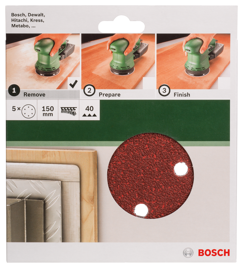 Bosch Set of 5 sandpaper sheets for random orbital sander G= 40