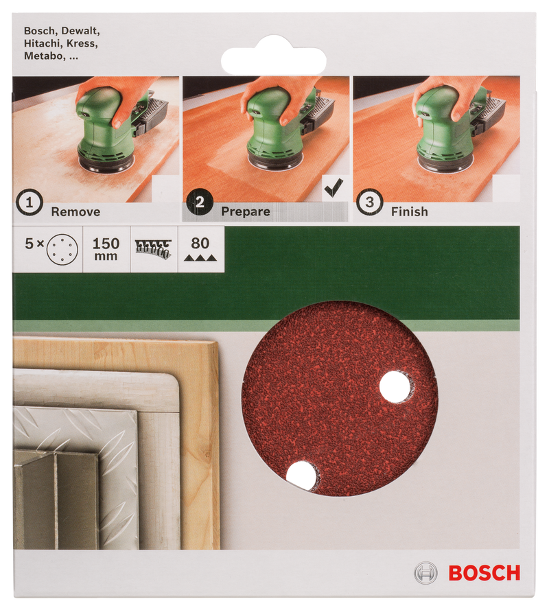 Conjunto de 5 folhas de lixa Bosch para lixadora orbital aleatória G= 80