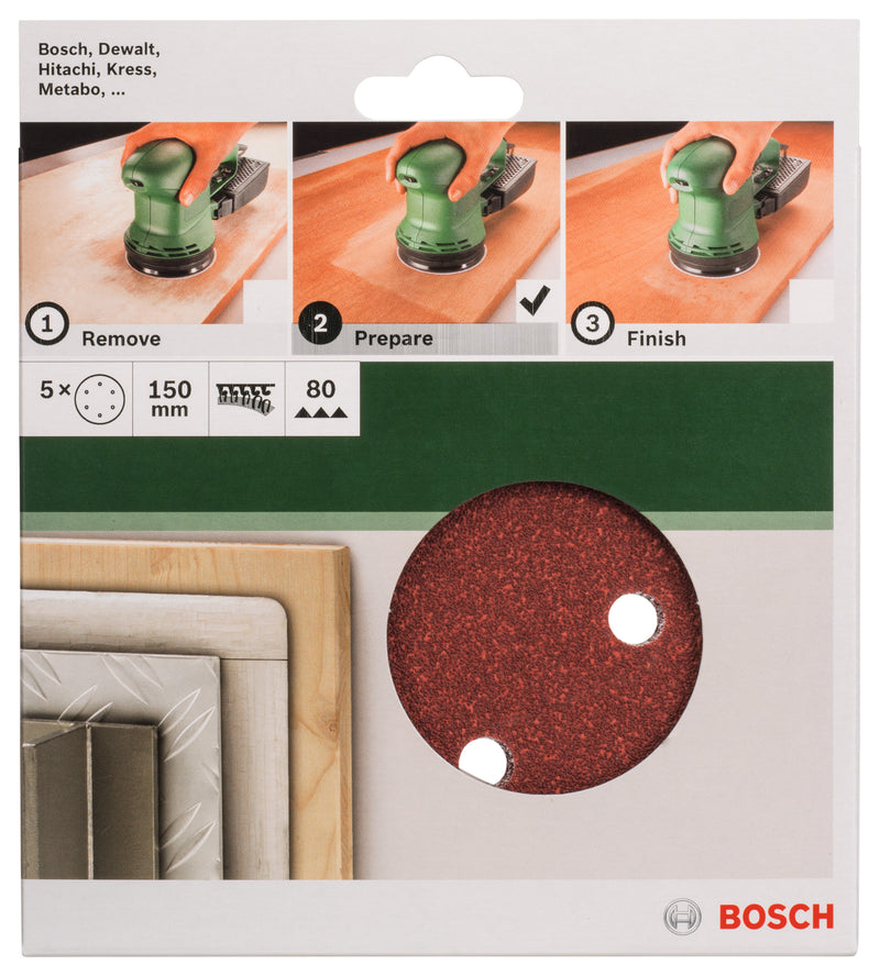 Conjunto de 5 folhas de lixa Bosch para lixadora orbital aleatória G= 80