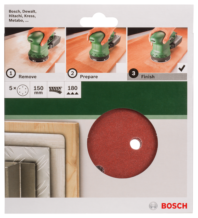Conjunto de 5 folhas de lixa Bosch para lixadora orbital aleatória G= 180