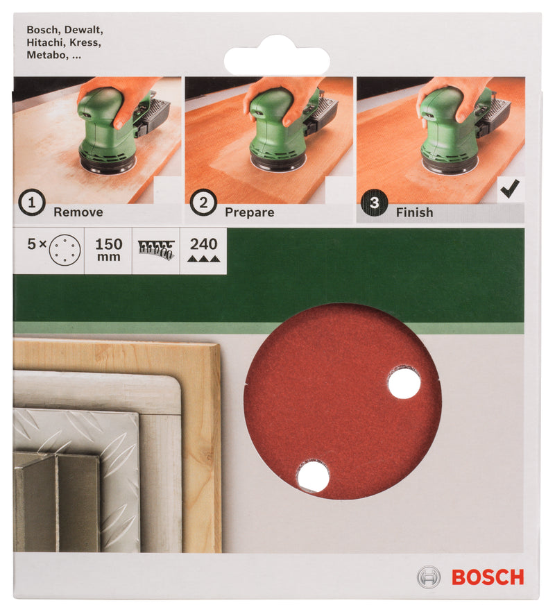 Conjunto de 5 folhas de lixa Bosch para lixadora orbital aleatória G= 240
