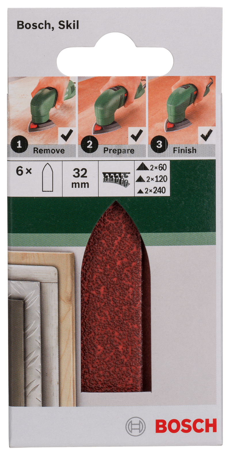 Bosch Set of 6 sandpaper sheets for Delta sander, adapter