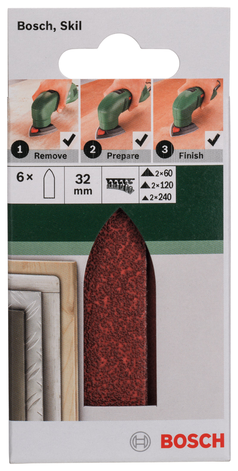 Bosch Set of 6 sandpaper sheets for Delta sander, adapter