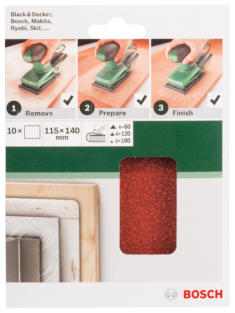 Bosch Juego de 10 hojas de lija para lijadora orbital G = 60, 120, 180