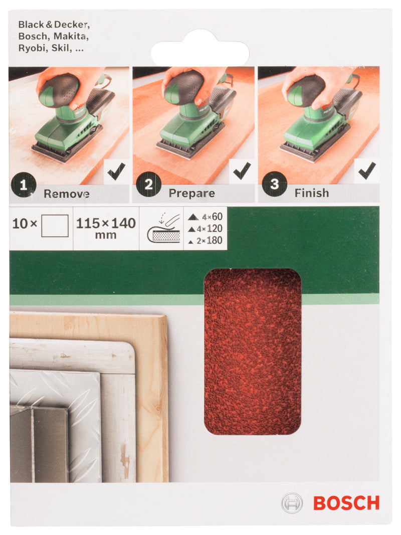 Bosch Juego de 10 hojas de lija para lijadora orbital G = 60, 120, 180