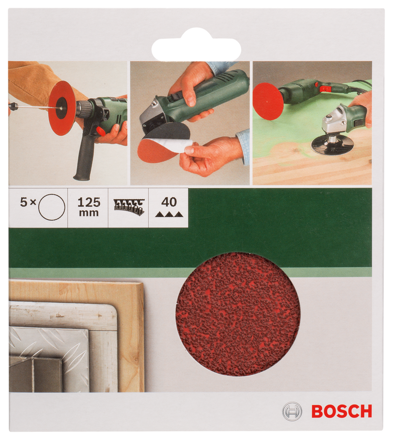 Bosch Set of 5 sandpaper sheets for angle grinder and drill D= 125 mm; G= 40, 5 units.