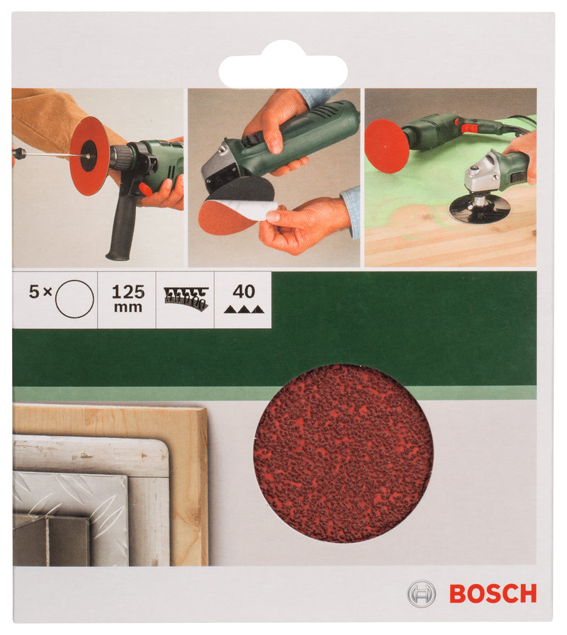 Bosch Set of 5 sandpaper sheets for angle grinder and drill D= 125 mm; G= 40, 5 units.