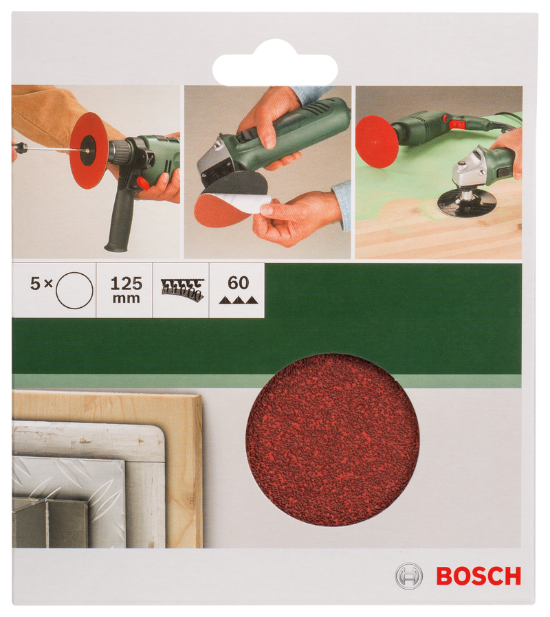 Bosch Set of 5 sandpaper sheets for angle grinder and drill D= 125 mm; G= 60, 5 units.