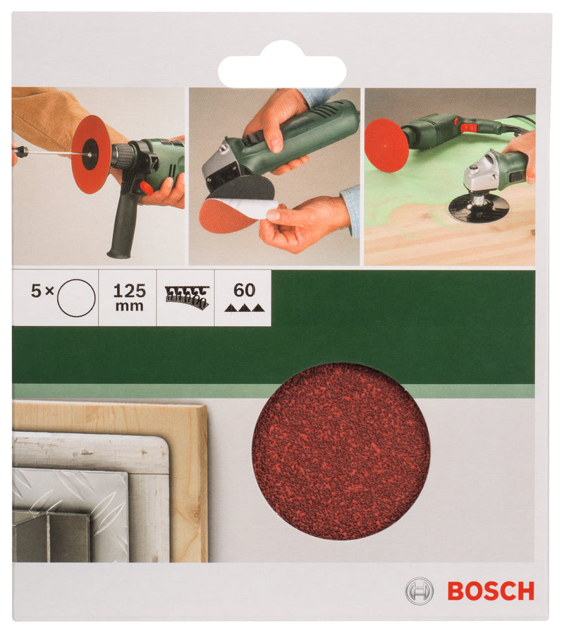 Bosch Set of 5 sandpaper sheets for angle grinder and drill D= 125 mm; G= 60, 5 units.