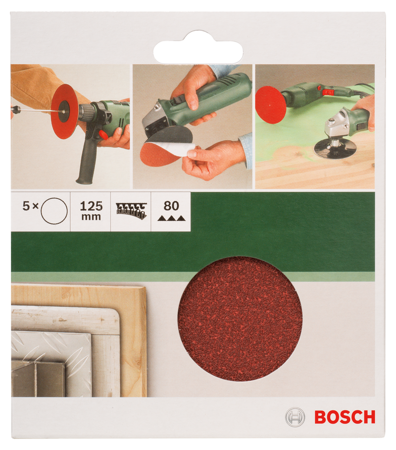 Bosch Juego de 5 hojas de lija para amoladora angular y taladro D= 125 mm; G= 80, 5 unidades.