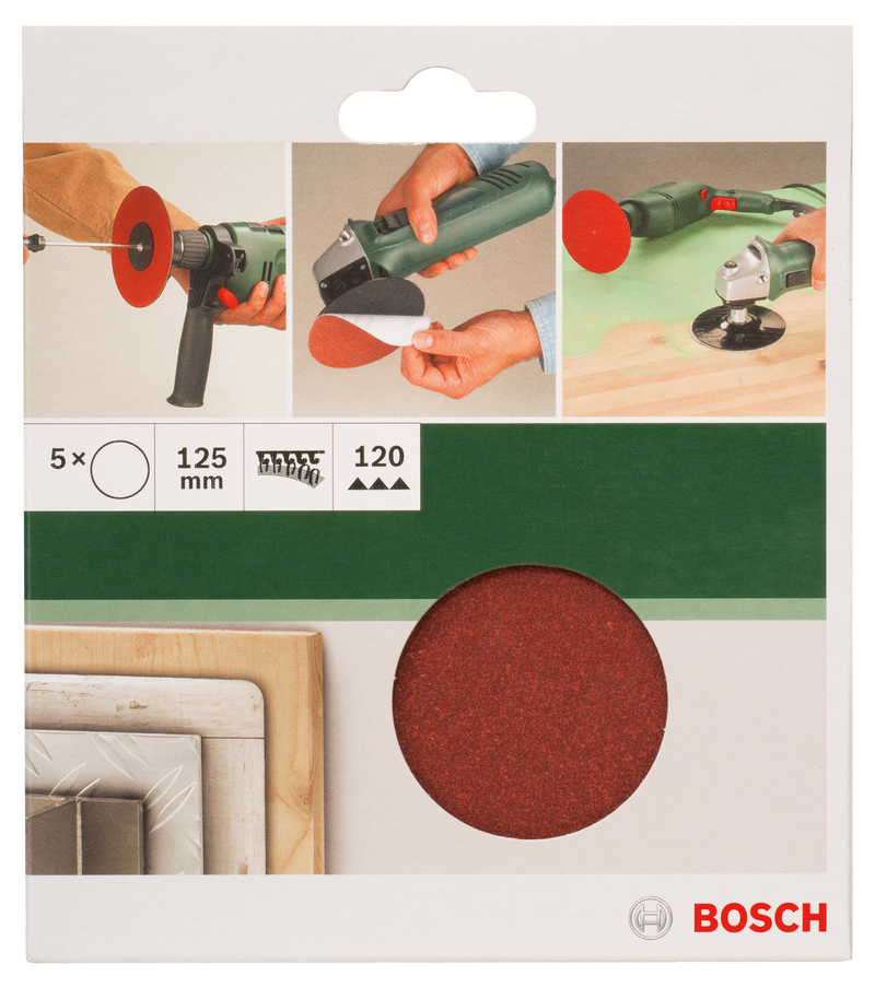 Bosch Juego de 5 hojas de lija para amoladora angular y taladro D= 125 mm; G= 120, 5 unidades.