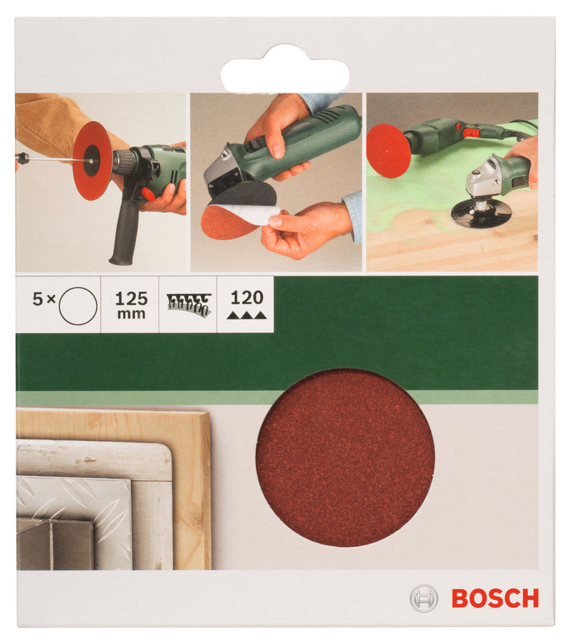 Bosch Juego de 5 hojas de lija para amoladora angular y taladro D= 125 mm; G= 120, 5 unidades.