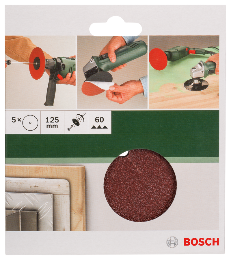Bosch Juego de 5 hojas de lija para taladros D= 125 mm; G= 60, 5 unidades.