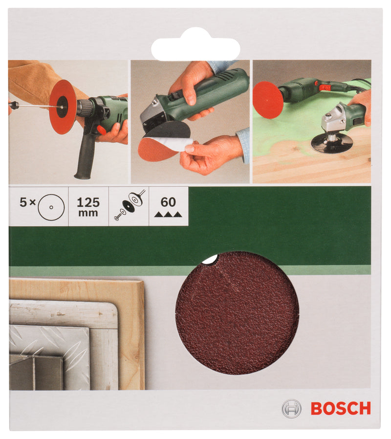 Bosch Juego de 5 hojas de lija para taladros D= 125 mm; G= 60, 5 unidades.