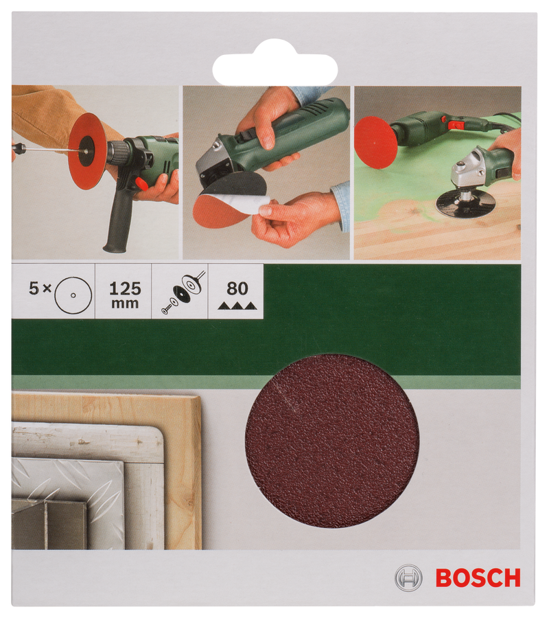Bosch Juego de 5 hojas de lija para taladros D= 125 mm; G= 80, 5 unidades.