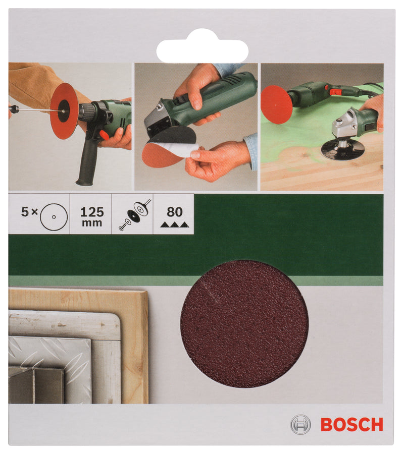 Bosch Juego de 5 hojas de lija para taladros D= 125 mm; G= 80, 5 unidades.