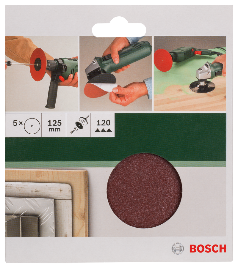 Bosch Juego de 5 hojas de lija para taladros D= 125 mm; G= 120, 5 unidades.