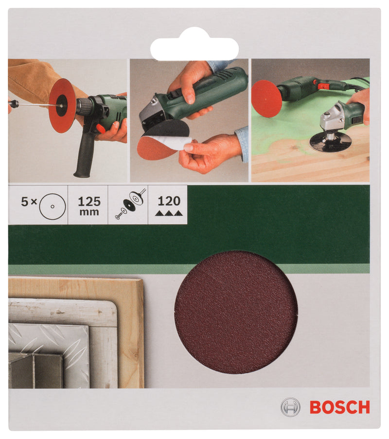 Bosch Juego de 5 hojas de lija para taladros D= 125 mm; G= 120, 5 unidades.
