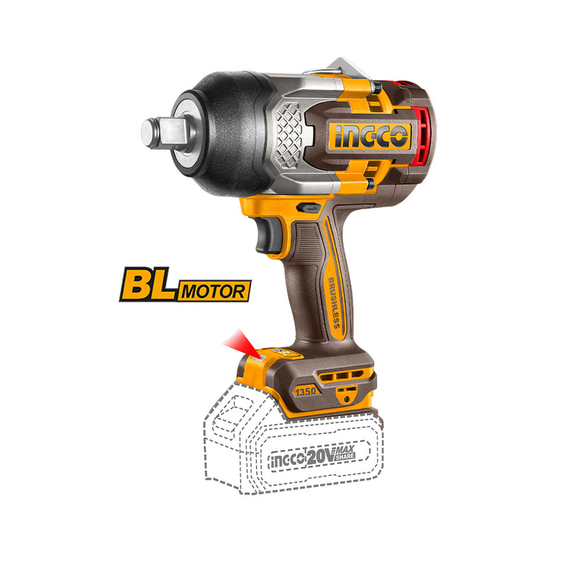 Llave de impacto INGCO (CIWLI20135E) 20V Bru 1350nm + 2 baterías 5A + CA + Estuche