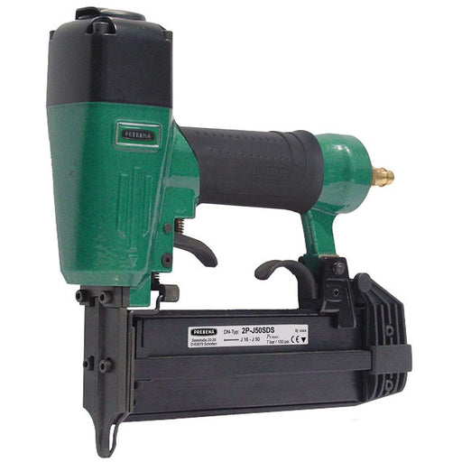Green and black prebena nail gun on a white background
