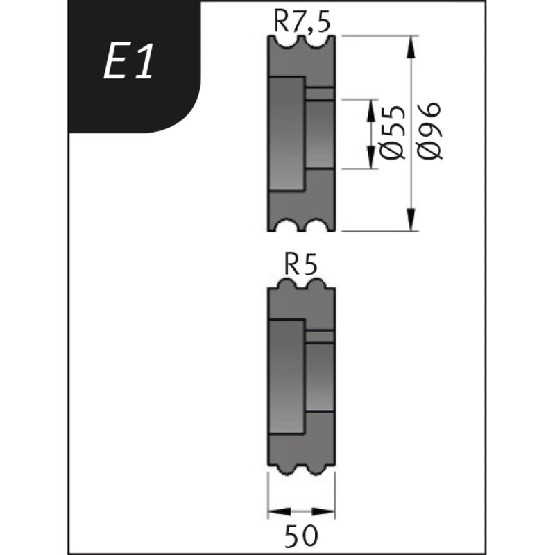 Cilindros de curvatura Metallkraft (Tipo E1, Ø 96 x 55 x 50 mm, R 7,5 / 5 mm)
