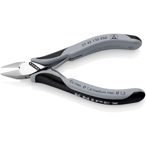 Knipex (77 42 130 ESD) Alicates de corte diagonal para electrónica ESD con junta de caja.