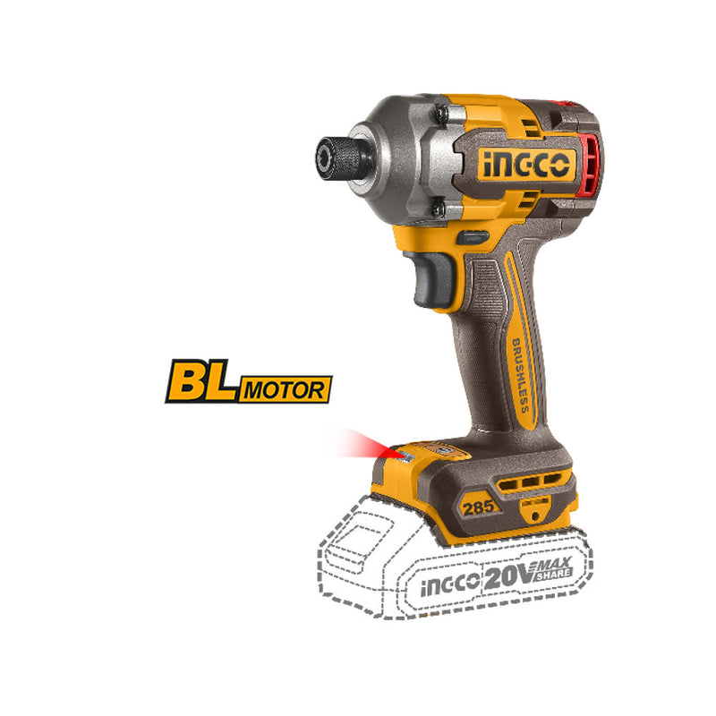 Destornillador INGCO (CIRLI2028) Imp 20V Bru 285nm + 2 baterías 2A + CA + Maletín