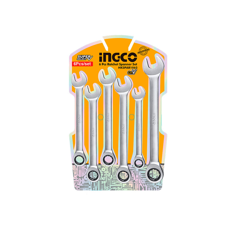 INGCO (HKSPAR1062) Set Of 6 Open-End Wrenches With Ratchet Mechanism In Blister Pack.