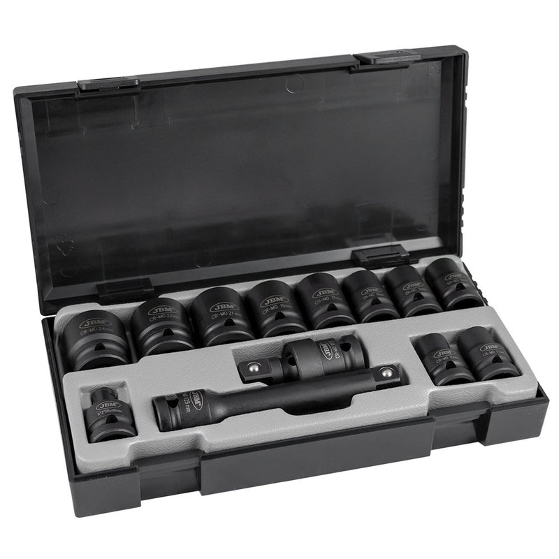 JBM (52341) Juego de 13 piezas de vasos de impacto hexagonales de 1/2" + adaptadores