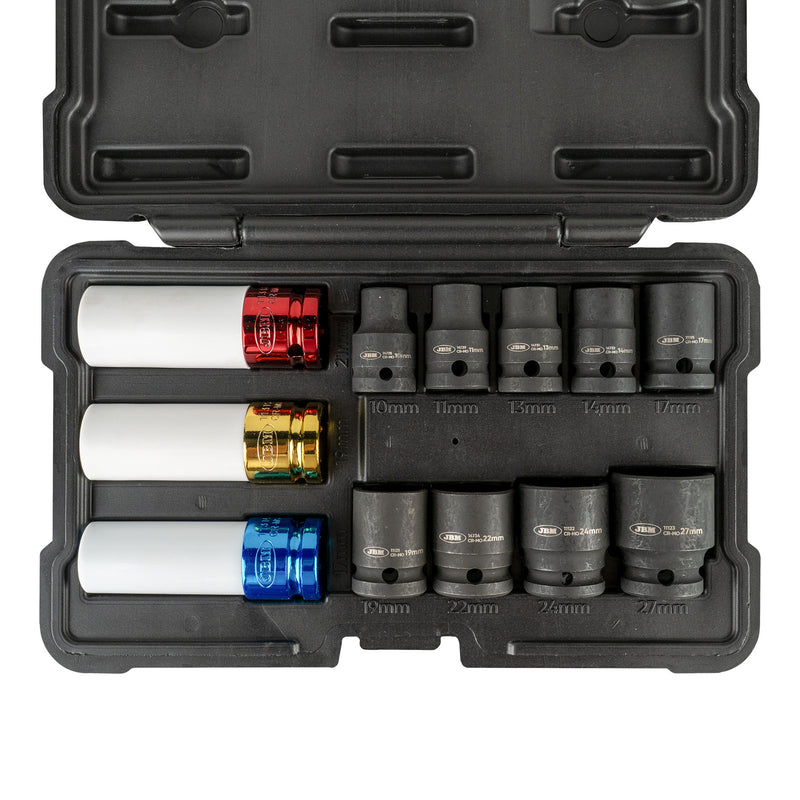 JBM (52343) Juego de 12 piezas de dados de impacto hexagonales de 1/2" y extractores de tuercas de rueda